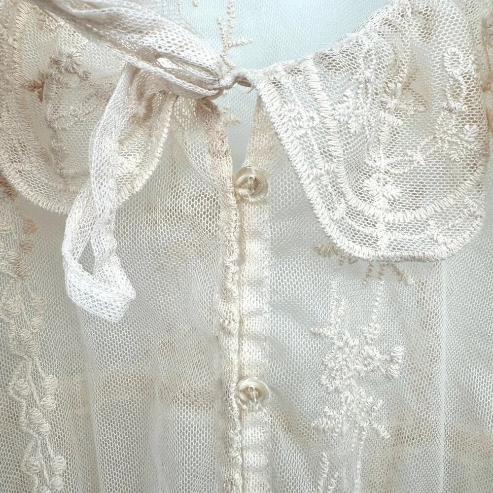 Scully Leather Honey Creek Ivory Embroidered Mesh Tie Front Blouse Woman’s size - Picture 7 of 12